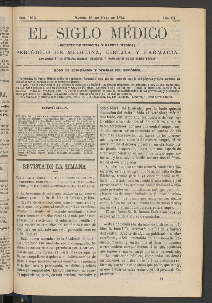 Miniatura de El Siglo Médico: boletín de medicina y gaceta médica del 18 de mayo de 1873