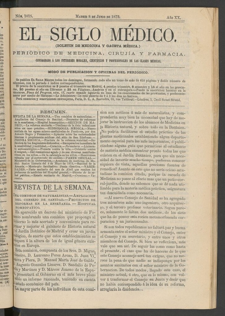 Miniatura de El Siglo Médico: boletín de medicina y gaceta médica del 8 de junio de 1873