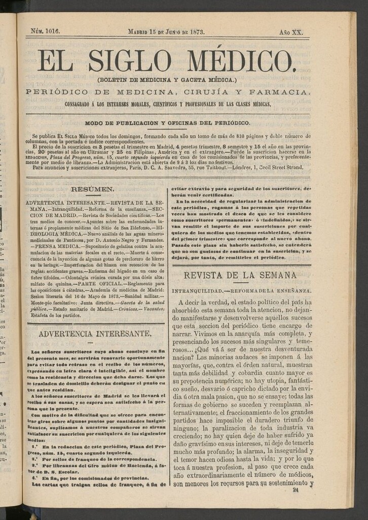 Miniatura de El Siglo Médico: boletín de medicina y gaceta médica del 15 de junio de 1873