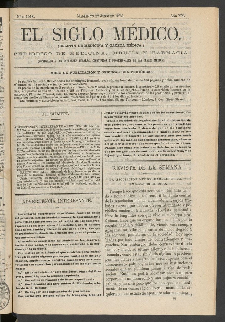 Miniatura de El Siglo Médico: boletín de medicina y gaceta médica del 29 de junio de 1873