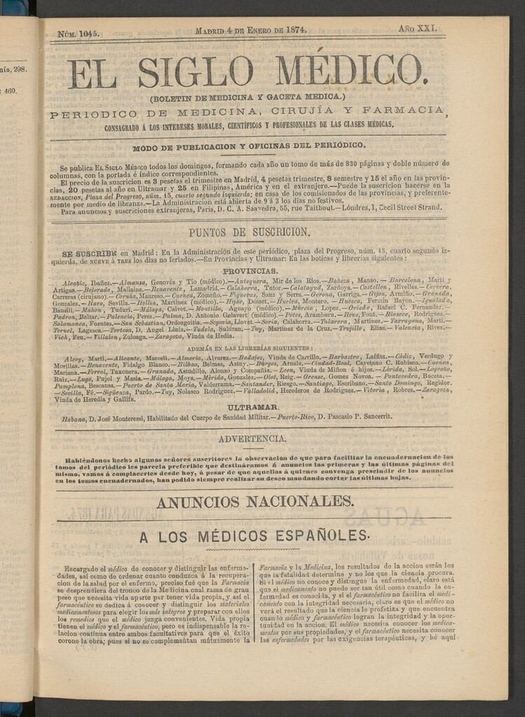 Miniatura de El Siglo Médico: boletín de medicina y gaceta médica del 4 de enero de 1874
