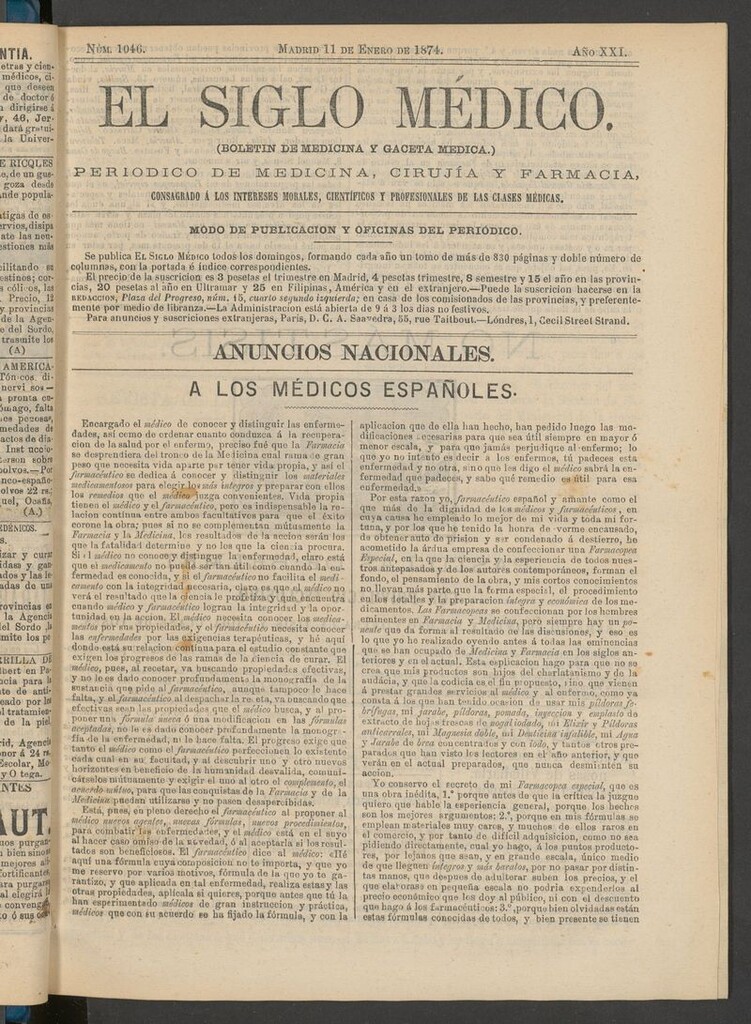 Miniatura de El Siglo Médico: boletín de medicina y gaceta médica del 11 de enero de 1874