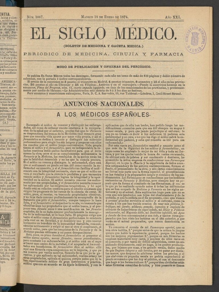 Miniatura de El Siglo Médico: boletín de medicina y gaceta médica del 18 de enero de 1874