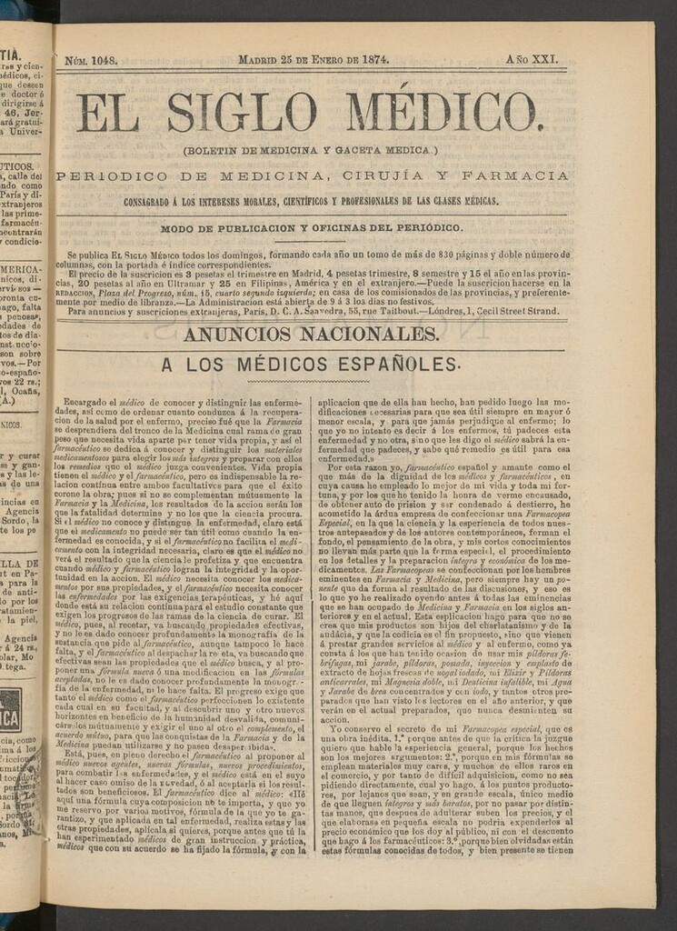 Miniatura de El Siglo Médico: boletín de medicina y gaceta médica del 25 de enero de 1874