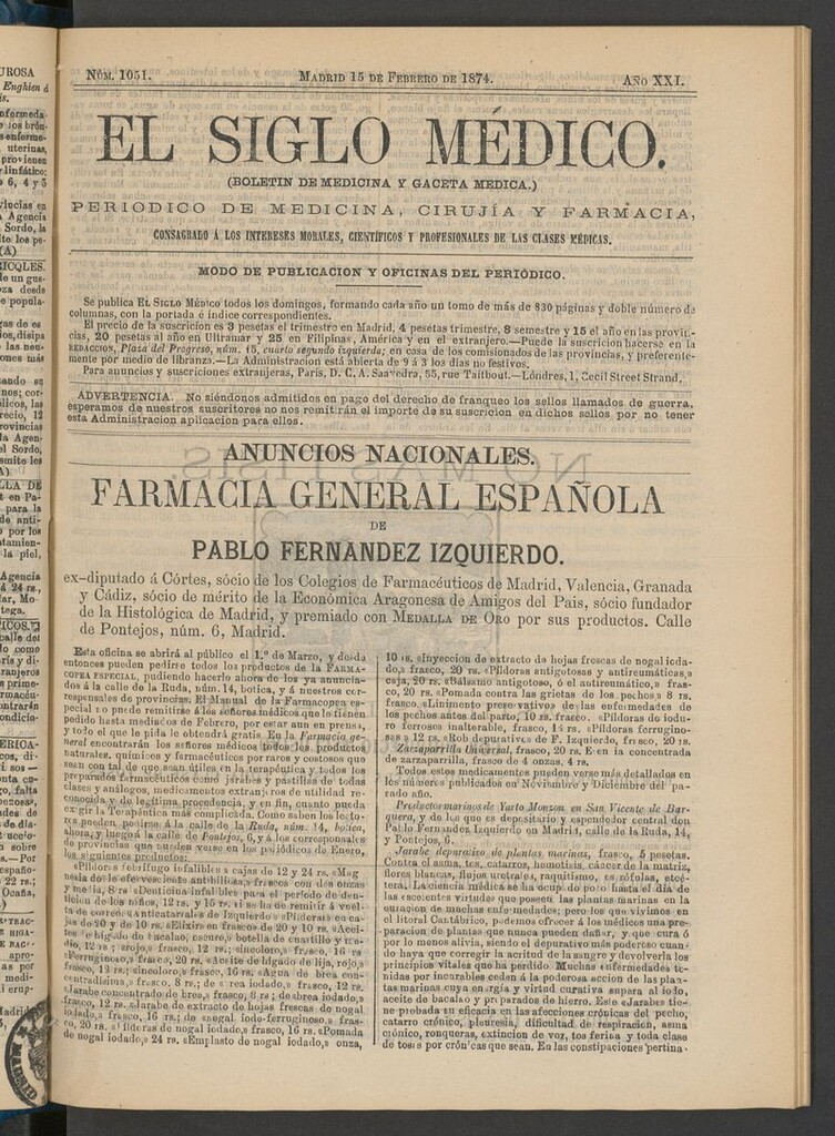 Miniatura de El Siglo Médico: boletín de medicina y gaceta médica del 15 de febrero de 1874