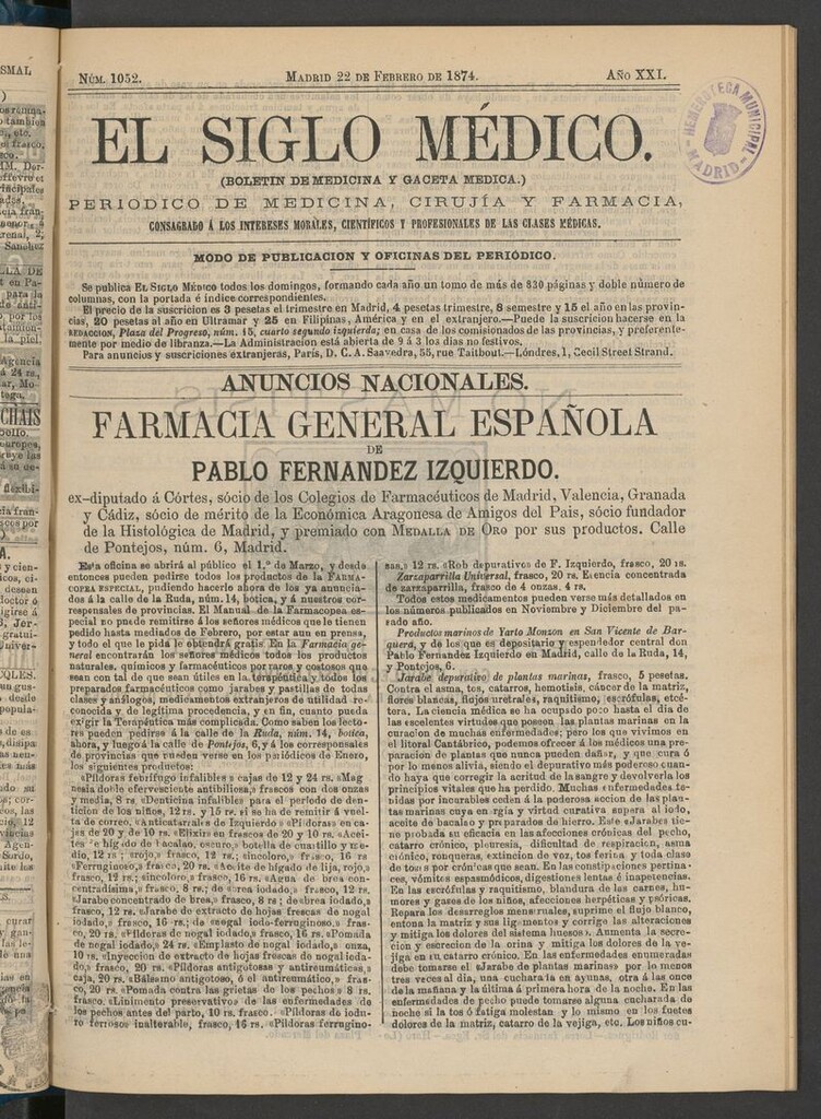 Miniatura de El Siglo Médico: boletín de medicina y gaceta médica del 22 de febrero de 1874