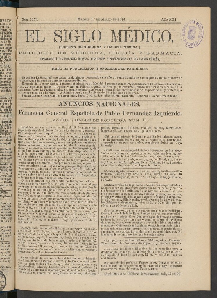 Miniatura de El Siglo Médico: boletín de medicina y gaceta médica del 1 de marzo de 1874