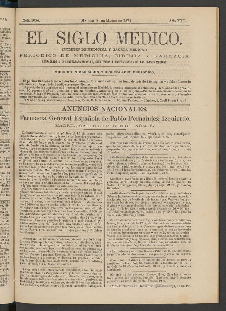 Miniatura de El Siglo Médico: boletín de medicina y gaceta médica del 8 de marzo de 1874