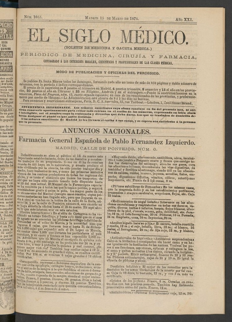 Miniatura de El Siglo Médico: boletín de medicina y gaceta médica del 15 de marzo de 1874