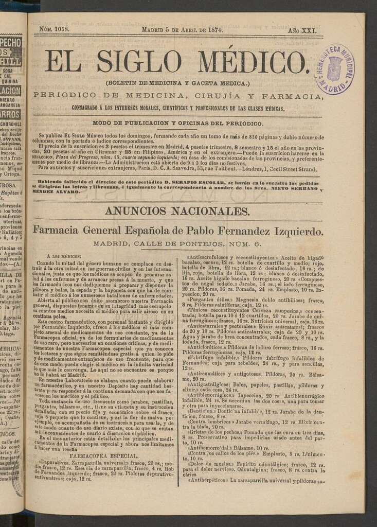 Miniatura de El Siglo Médico: boletín de medicina y gaceta médica del 5 de abril de 1874