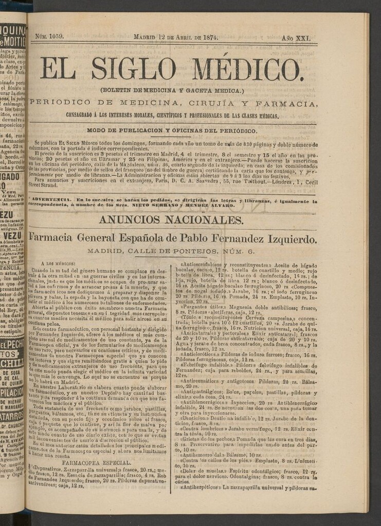Miniatura de El Siglo Médico: boletín de medicina y gaceta médica del 12 de abril de 1874