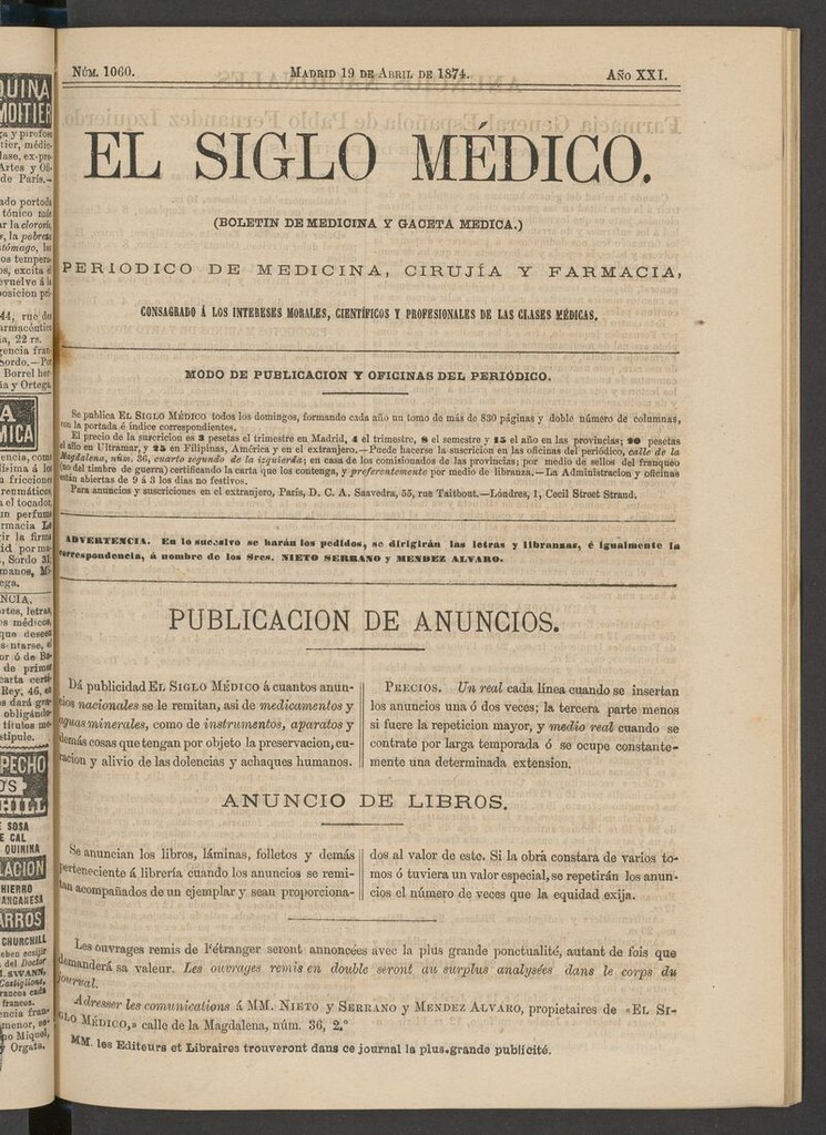 Miniatura de El Siglo Médico: boletín de medicina y gaceta médica del 19 de abril de 1874