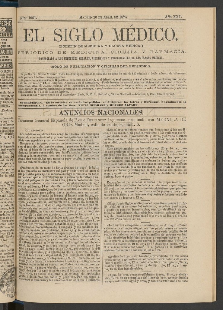 Miniatura de El Siglo Médico: boletín de medicina y gaceta médica del 26 de abril de 1874