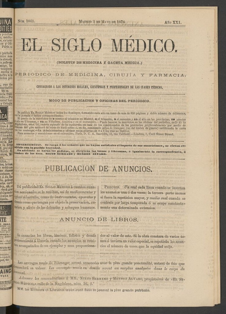 Miniatura de El Siglo Médico: boletín de medicina y gaceta médica del 3 de mayo de 1874
