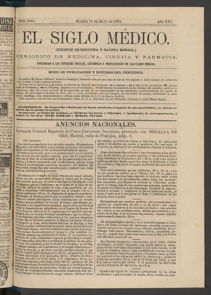 Miniatura de El Siglo Médico: boletín de medicina y gaceta médica del 10 de mayo de 1874