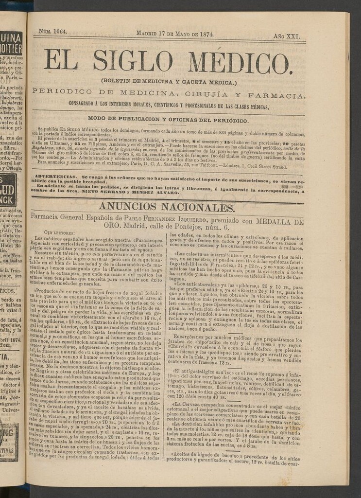 Miniatura de El Siglo Médico: boletín de medicina y gaceta médica del 17 de mayo de 1874