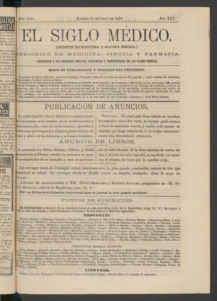Miniatura de El Siglo Médico: boletín de medicina y gaceta médica del 24 de mayo de 1874
