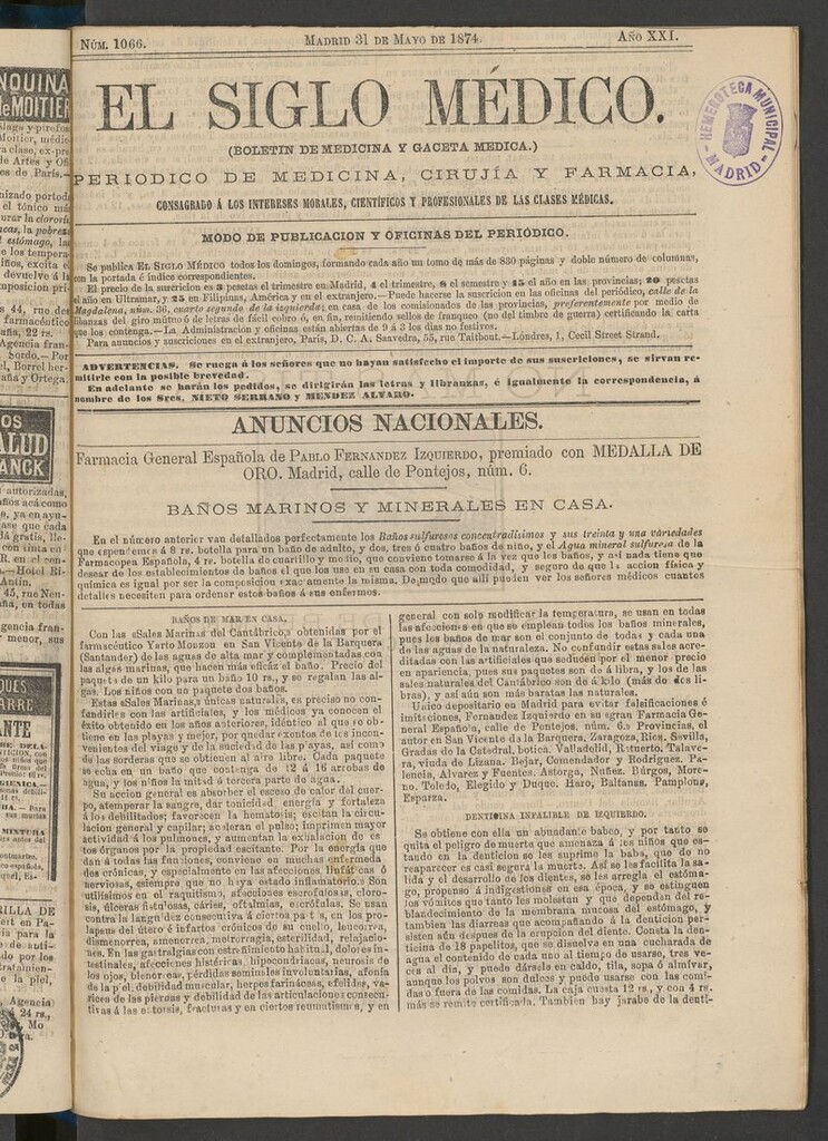 Miniatura de El Siglo Médico: boletín de medicina y gaceta médica del 31 de mayo de 1874