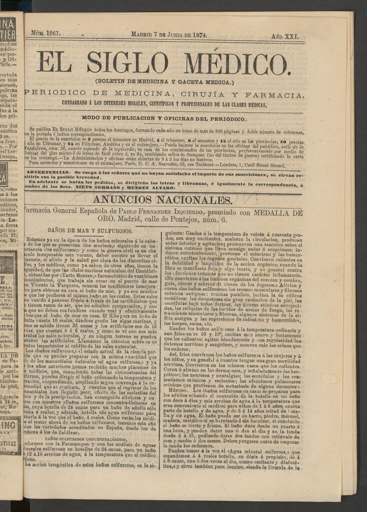 Miniatura de El Siglo Médico: boletín de medicina y gaceta médica del 7 de junio de 1874