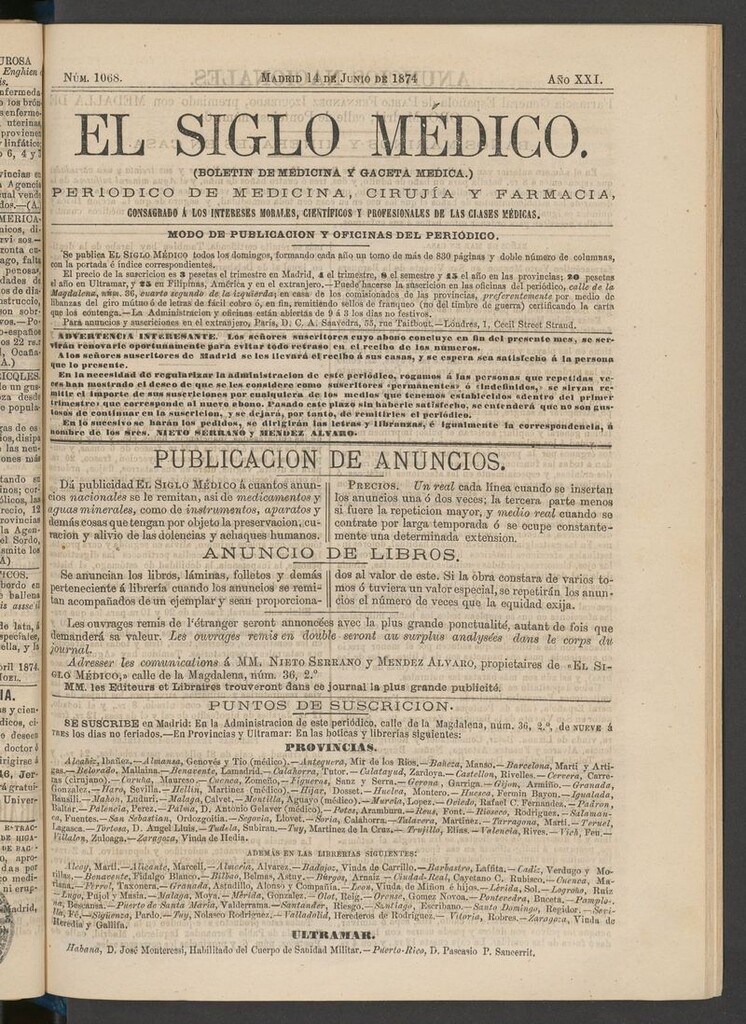 Miniatura de El Siglo Médico: boletín de medicina y gaceta médica del 14 de junio de 1874