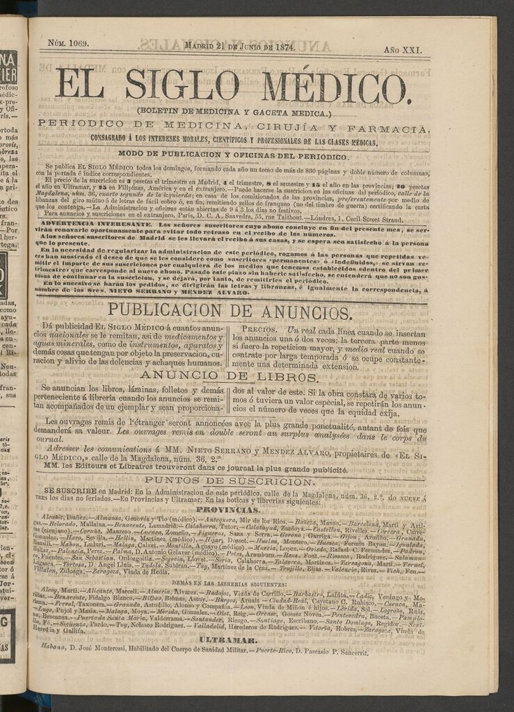 Miniatura de El Siglo Médico: boletín de medicina y gaceta médica del 21 de junio de 1874