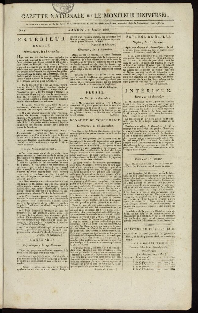 Miniatura de Gazette Nationale ou le Moniteur Universel del 2 de enero de 1808, nº 2
