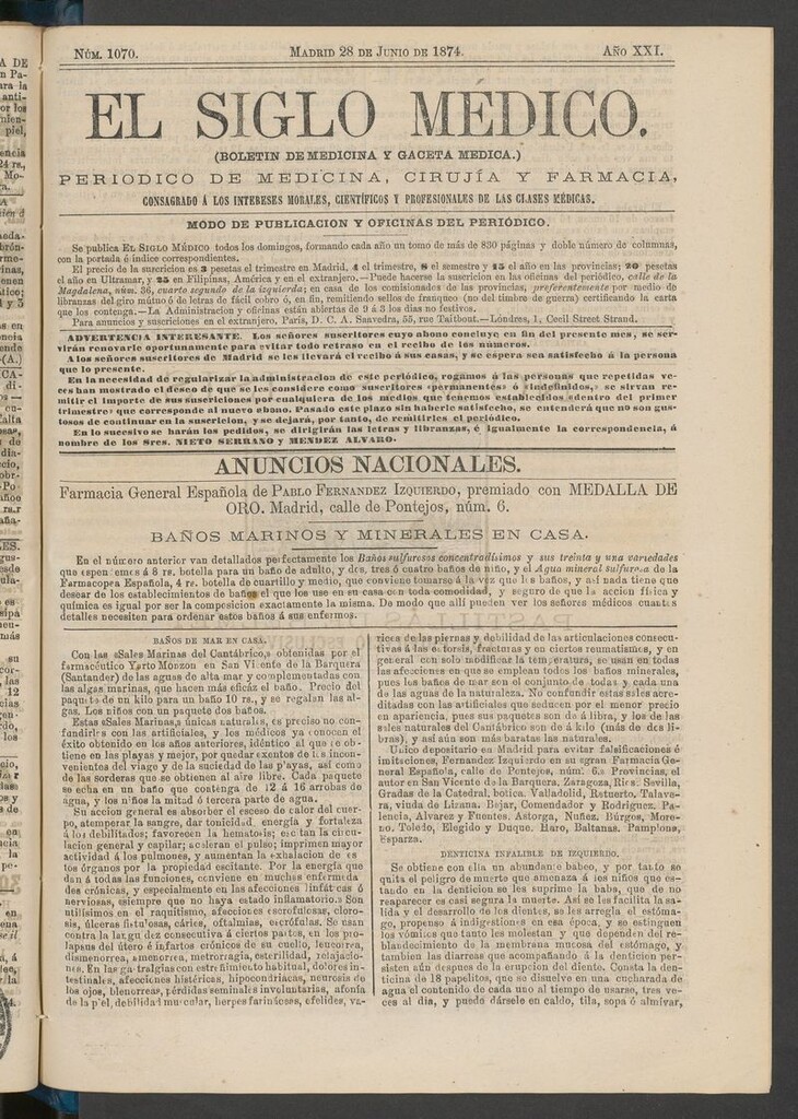Miniatura de El Siglo Médico: boletín de medicina y gaceta médica del 28 de junio de 1874