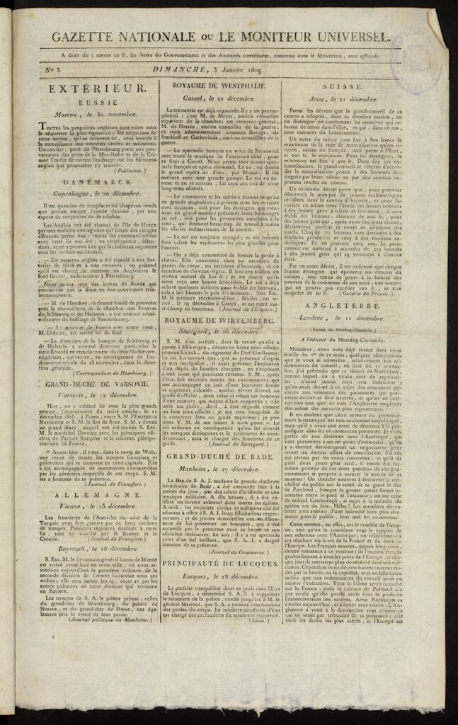 Miniatura de Gazette Nationale ou le Moniteur Universel del 3 de enero de 1808, nº 3