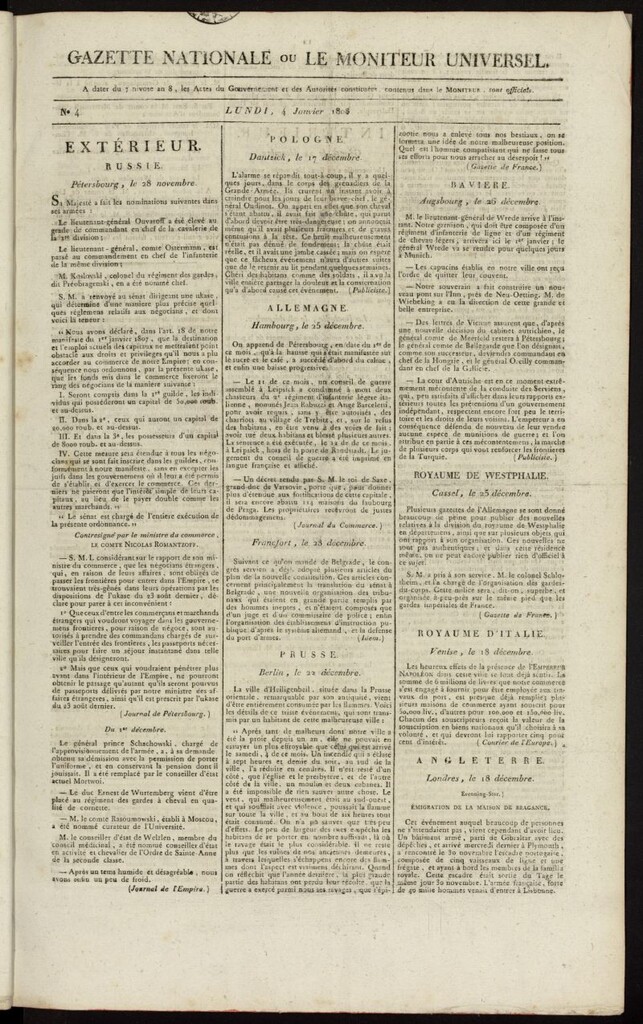 Miniatura de Gazette Nationale ou le Moniteur Universel del 4 de enero de 1808, nº 4