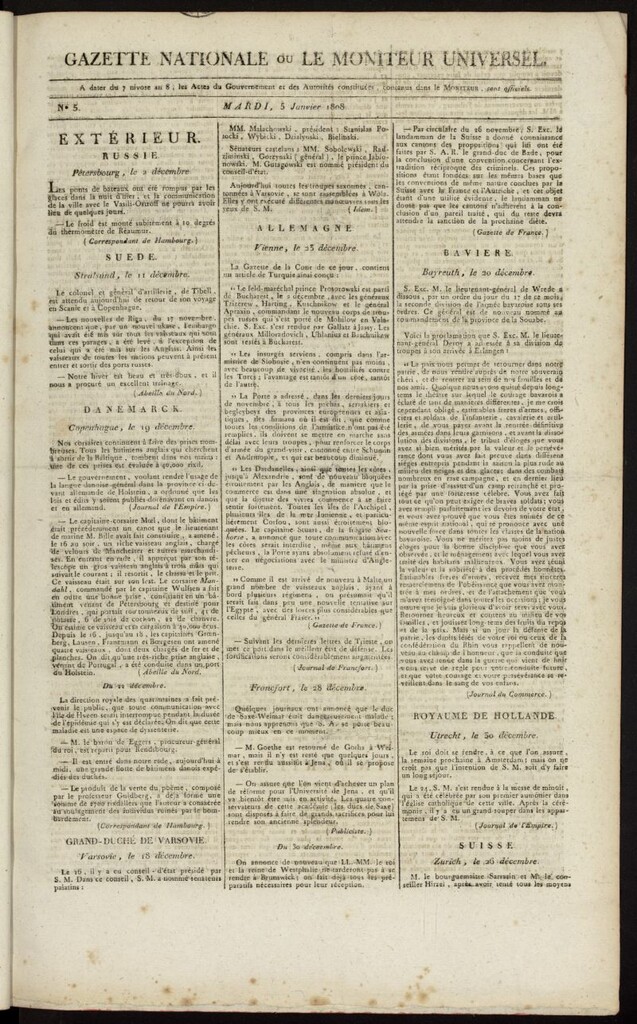 Miniatura de Gazette Nationale ou le Moniteur Universel del 5 de enero de 1808, nº 5