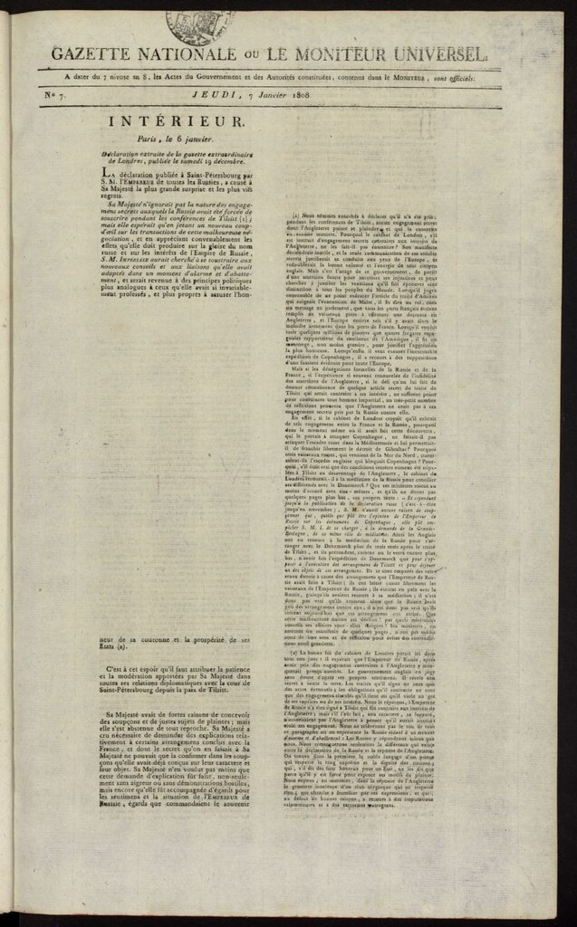 Miniatura de Gazette Nationale ou le Moniteur Universel del 7 de enero de 1808, nº 7