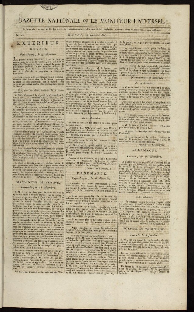 Miniatura de Gazette Nationale ou le Moniteur Universel del 12 de enero de 1808, nº 12