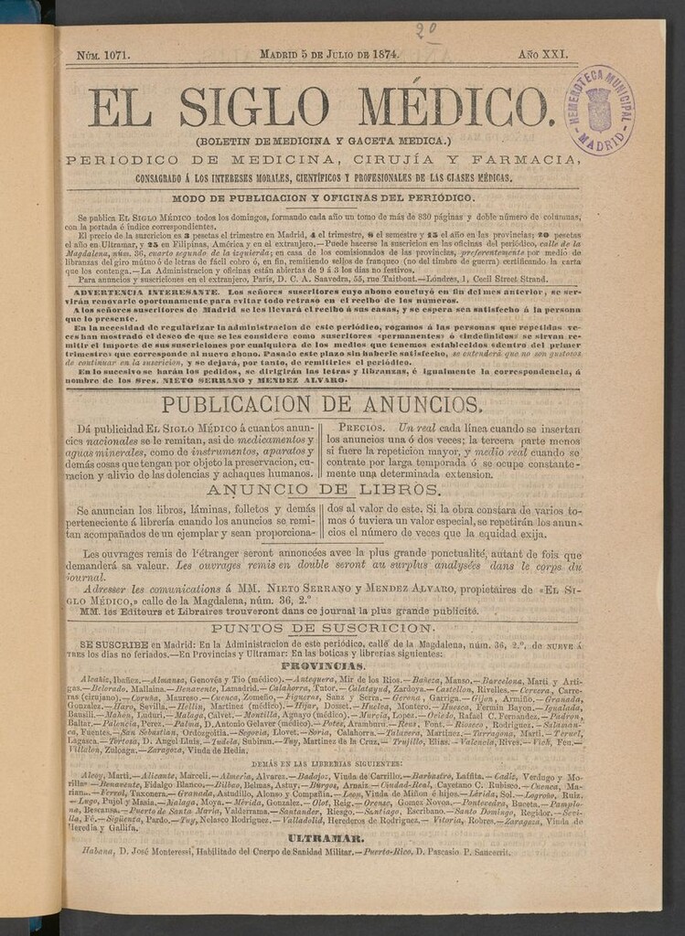 Miniatura de El Siglo Médico: boletín de medicina y gaceta médica del 5 de julio de 1874