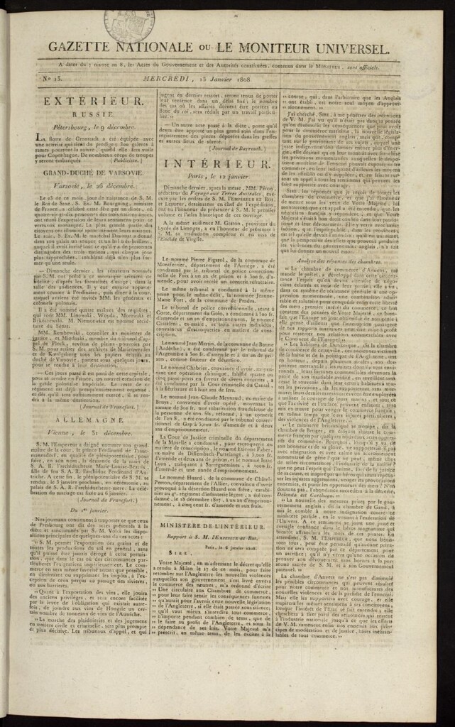 Miniatura de Gazette Nationale ou le Moniteur Universel del 13 de enero de 1808, nº 13