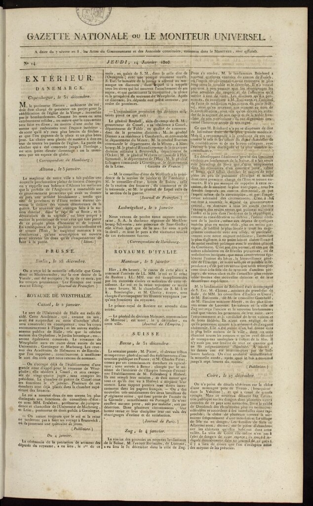Miniatura de Gazette Nationale ou le Moniteur Universel del 14 de enero de 1808, nº 14