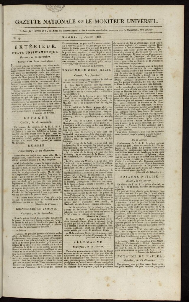 Miniatura de Gazette Nationale ou le Moniteur Universel del 19 de enero de 1808, nº 19