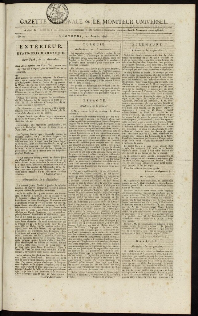 Miniatura de Gazette Nationale ou le Moniteur Universel del 20 de enero de 1808, nº 20