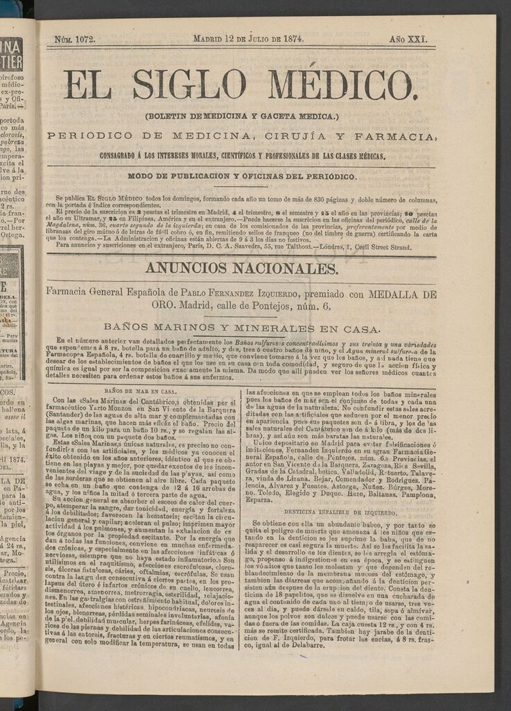 Miniatura de El Siglo Médico: boletín de medicina y gaceta médica del 12 de julio de 1874