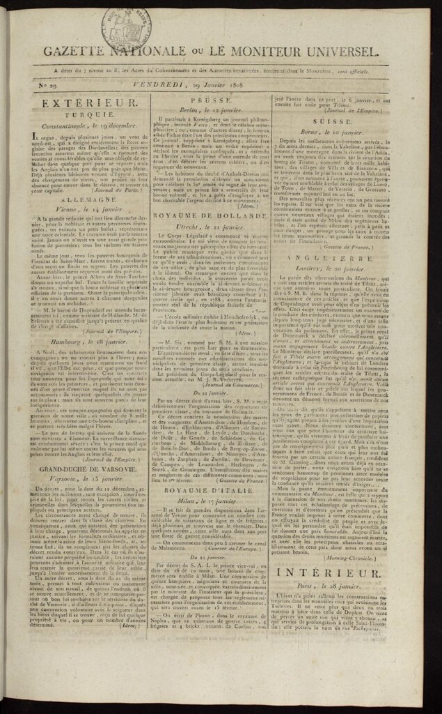 Miniatura de Gazette Nationale ou le Moniteur Universel del 29 de enero de 1808, nº 29