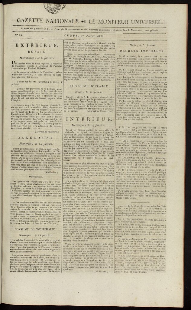 Miniatura de Gazette Nationale ou le Moniteur Universel del 1 de febrero de 1808, nº 32