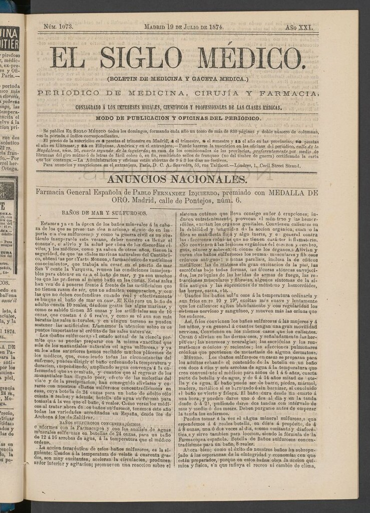 Miniatura de El Siglo Médico: boletín de medicina y gaceta médica del 19 de julio de 1874
