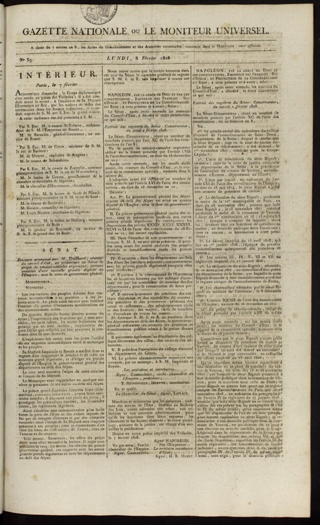 Miniatura de Gazette Nationale ou le Moniteur Universel del 8 de febrero de 1808, nº 39