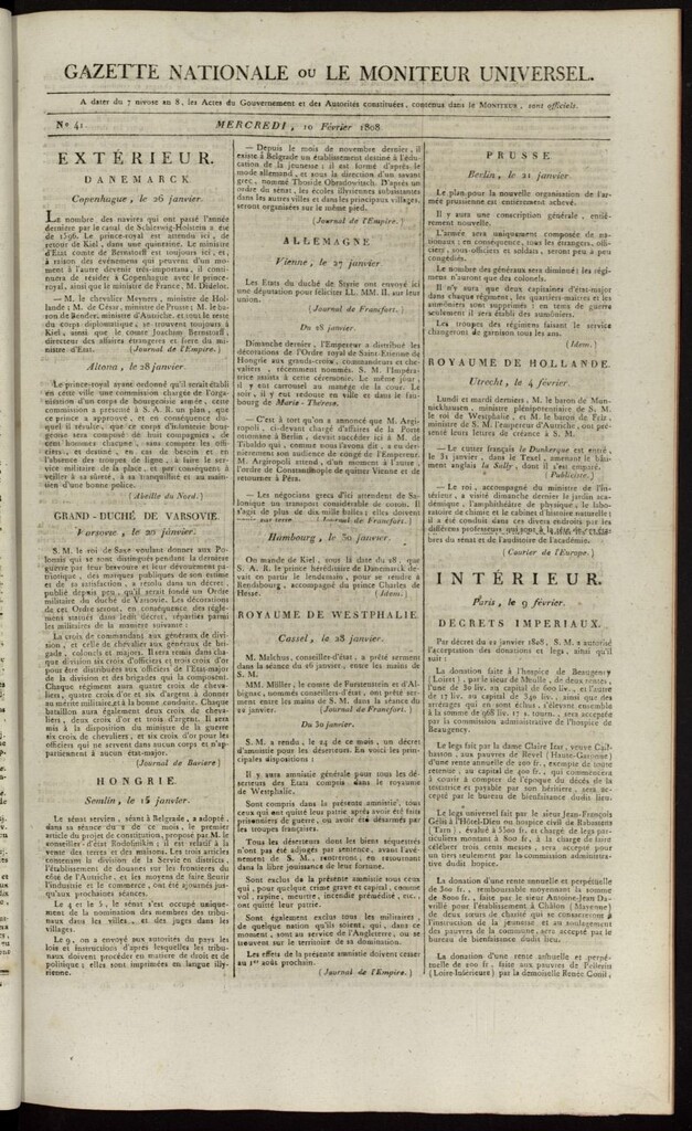 Miniatura de Gazette Nationale ou le Moniteur Universel del 10 de febrero de 1808, nº 41