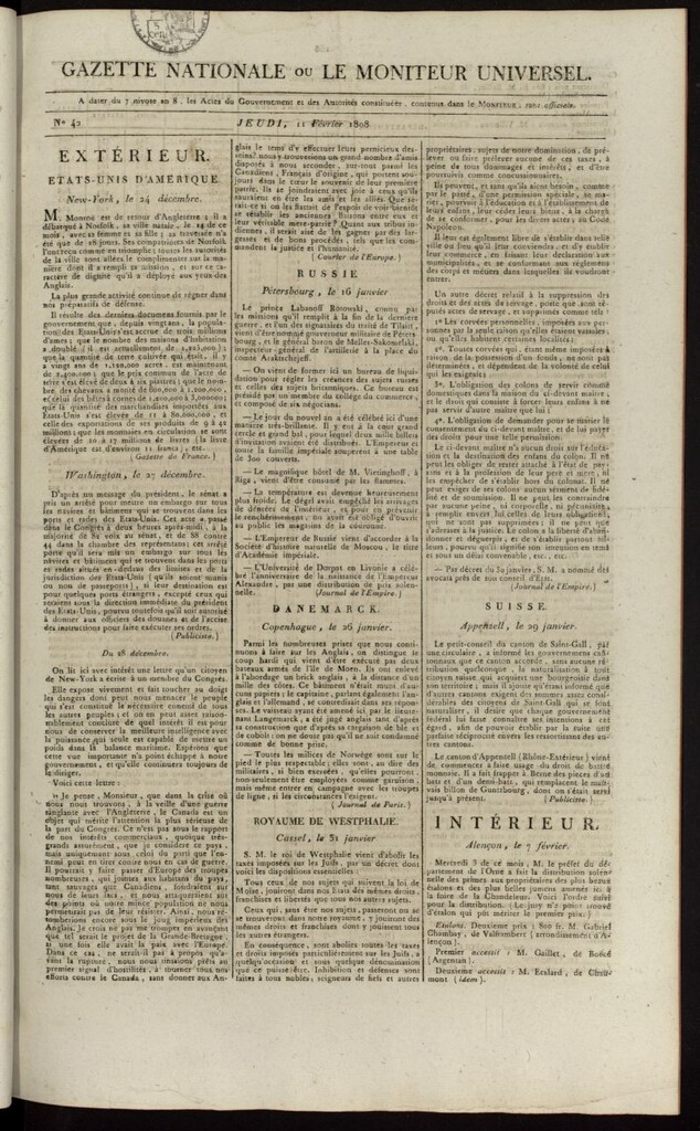 Miniatura de Gazette Nationale ou le Moniteur Universel del 11 de febrero de 1808, nº 42