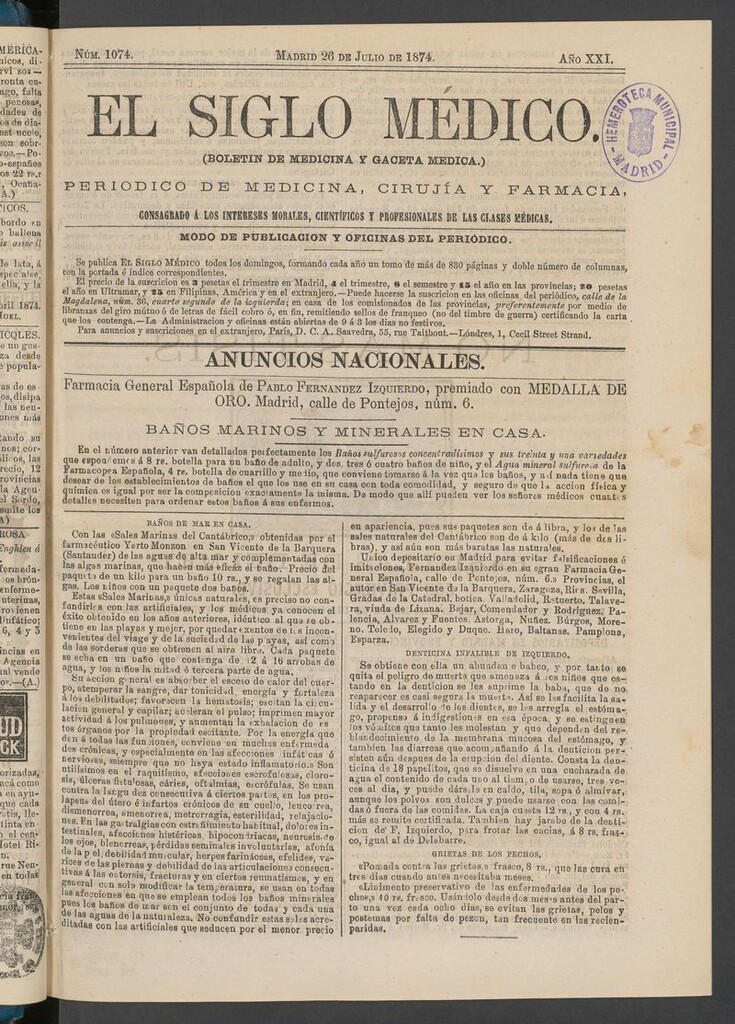 Miniatura de El Siglo Médico: boletín de medicina y gaceta médica del 26 de julio de 1874