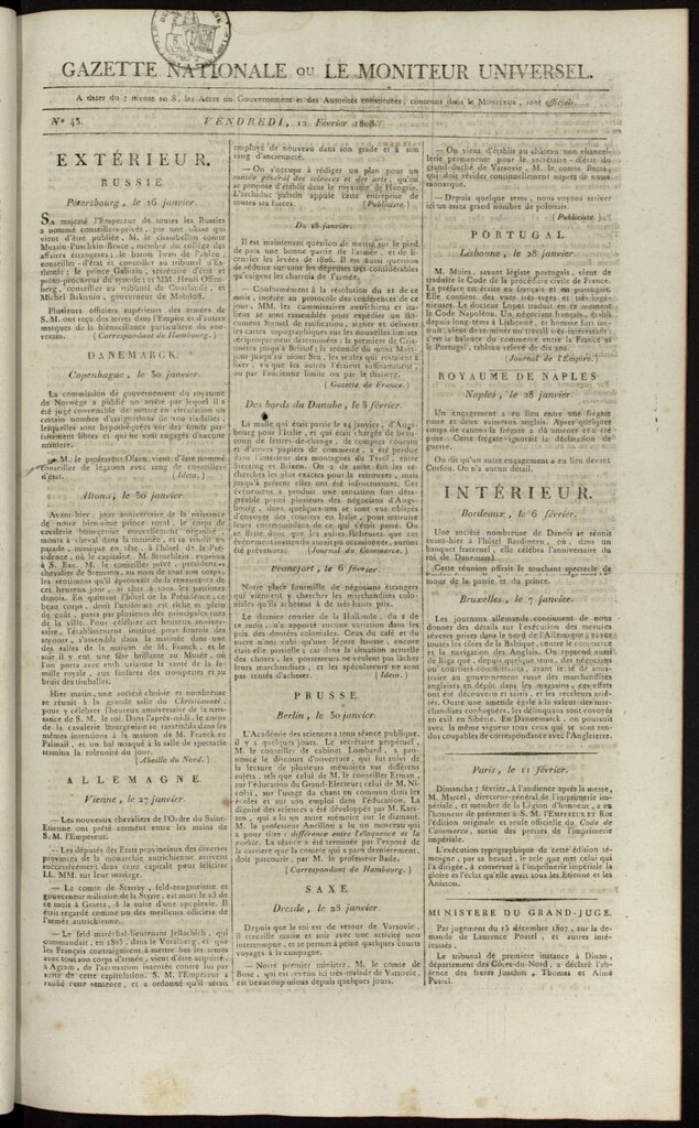 Miniatura de Gazette Nationale ou le Moniteur Universel del 12 de febrero de 1808, nº 43