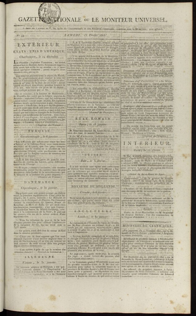 Miniatura de Gazette Nationale ou le Moniteur Universel del 13 de febrero de 1808, nº 44