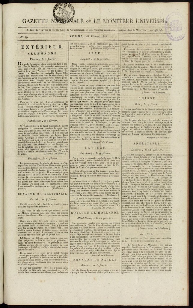 Miniatura de Gazette Nationale ou le Moniteur Universel del 18 de febrero de 1808, nº 49