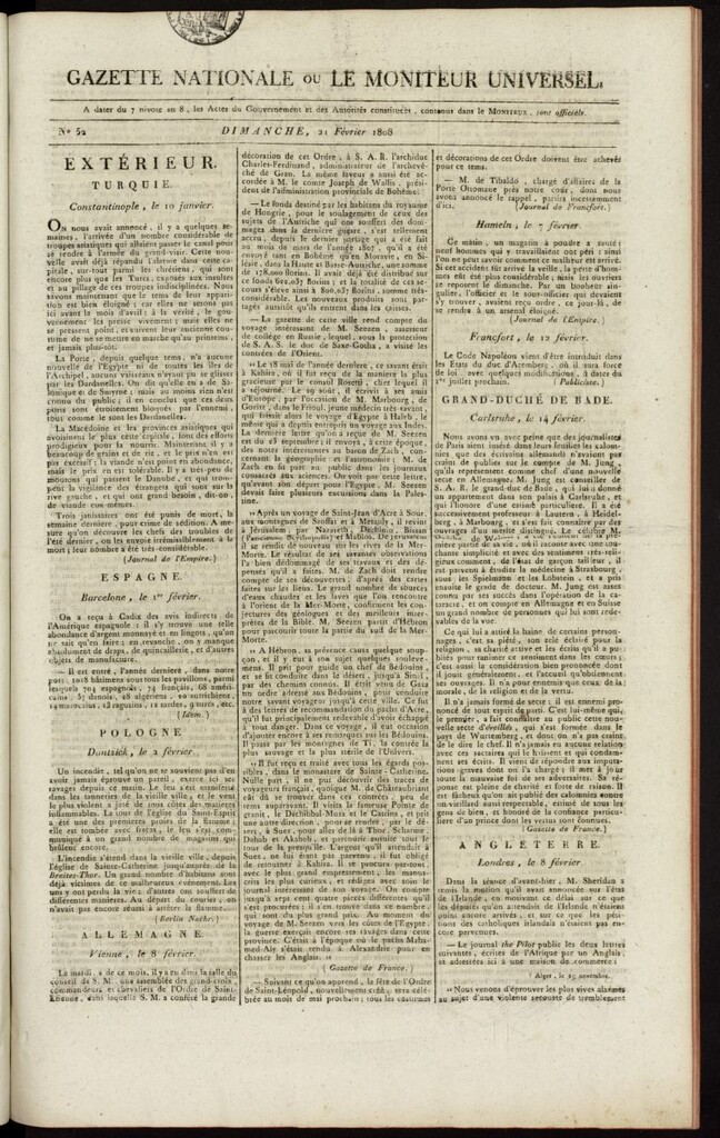 Miniatura de Gazette Nationale ou le Moniteur Universel del 21 de febrero de 1808, nº 52