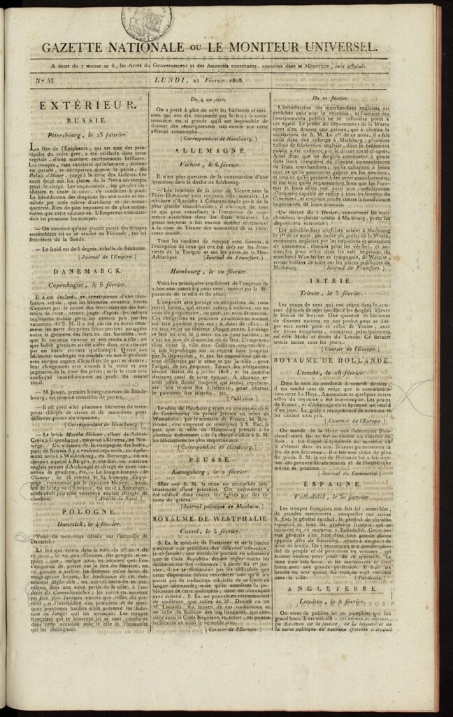 Miniatura de Gazette Nationale ou le Moniteur Universel del 22 de febrero de 1808, nº 53